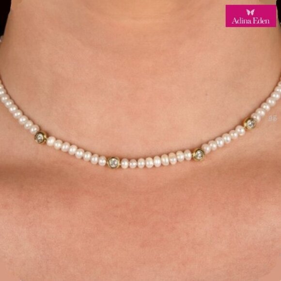 ADINA EDEN 14K Gold Plated Sterling Silver Freshwater Pearl & CZ Choker Necklace - Picture 13 of 14